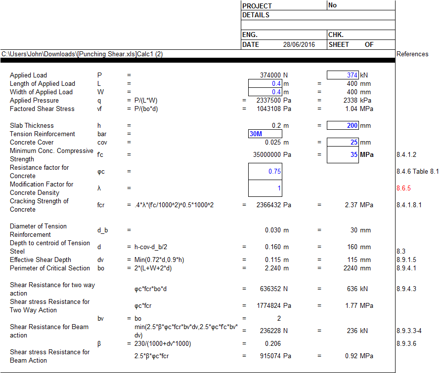 punching shear check concrete slab rectangular and check register in excel